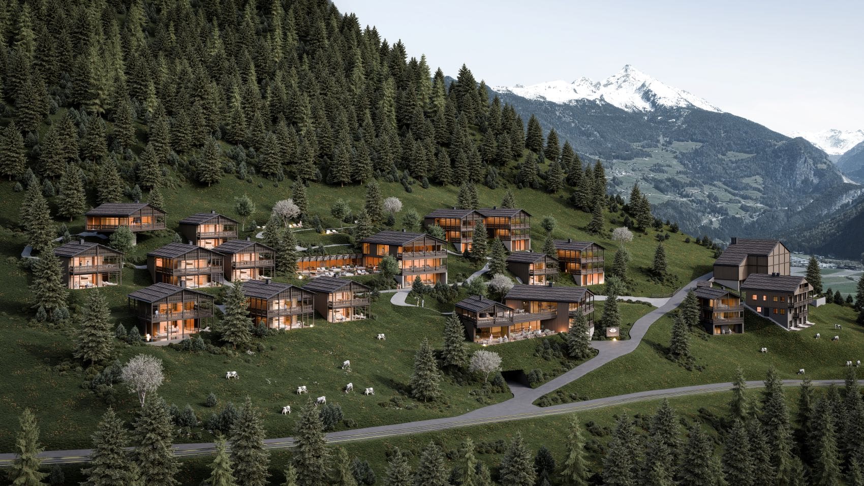 Panoramablick auf die Amonti Chalets in Südtirol 