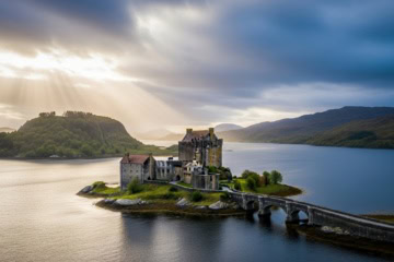 In einem schottischen See liegt eine kleine Insel, darauf ein altes, hohes Schloss. Das Schloss spiegelt sich auf der stillen Wasseroberfläche.
