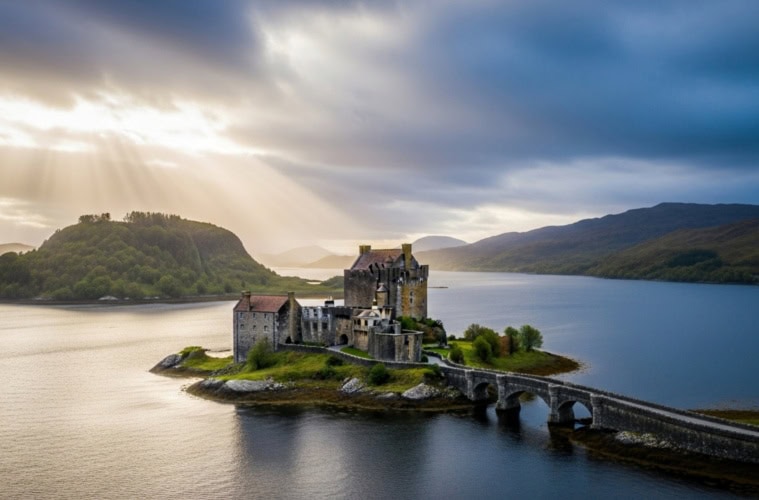 In einem schottischen See liegt eine kleine Insel, darauf ein altes, hohes Schloss. Das Schloss spiegelt sich auf der stillen Wasseroberfläche.