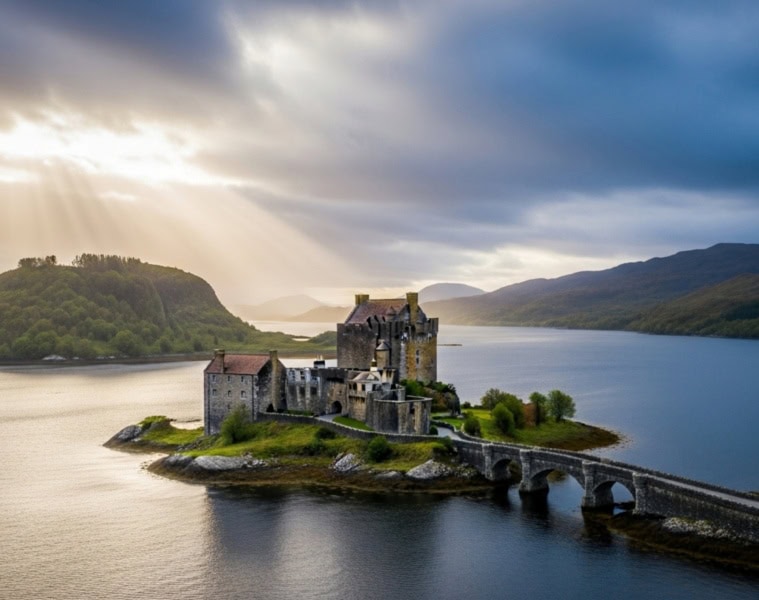 In einem schottischen See liegt eine kleine Insel, darauf ein altes, hohes Schloss. Das Schloss spiegelt sich auf der stillen Wasseroberfläche.