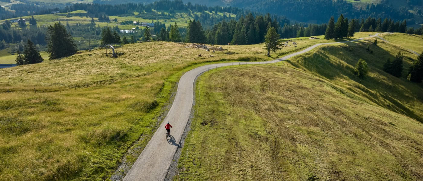 Drohnenaufnahme einer Person, die auf einem langezogen Radweg entlang einer grüner Hügel im Allgäu unterwegs ist.