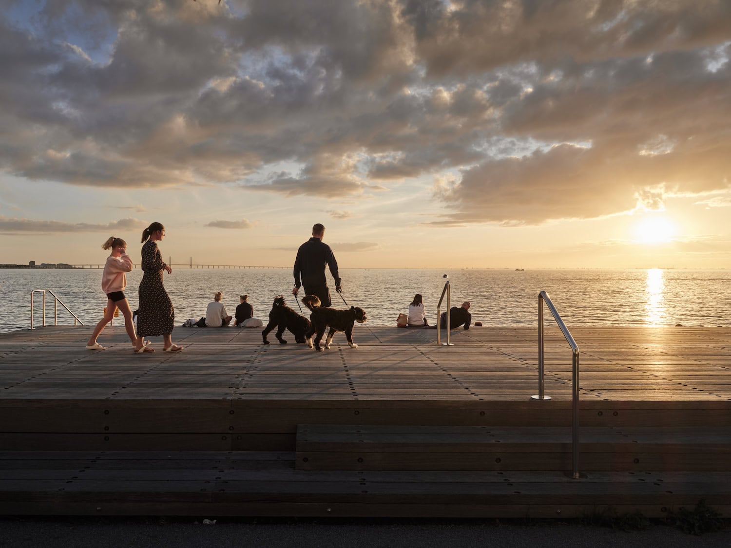 Sonnenuntergang in Schweden mit Menschen mit Hund am Wasser