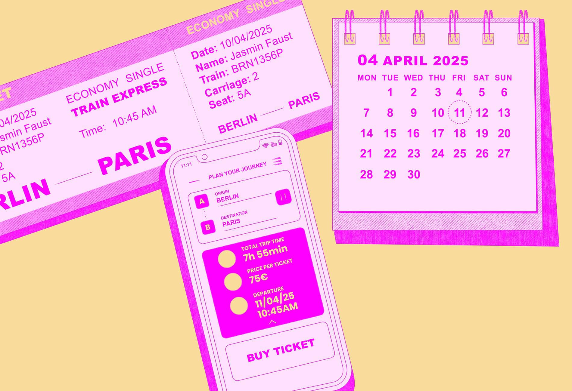 Ticket nach Paris, Kalender und Handy.