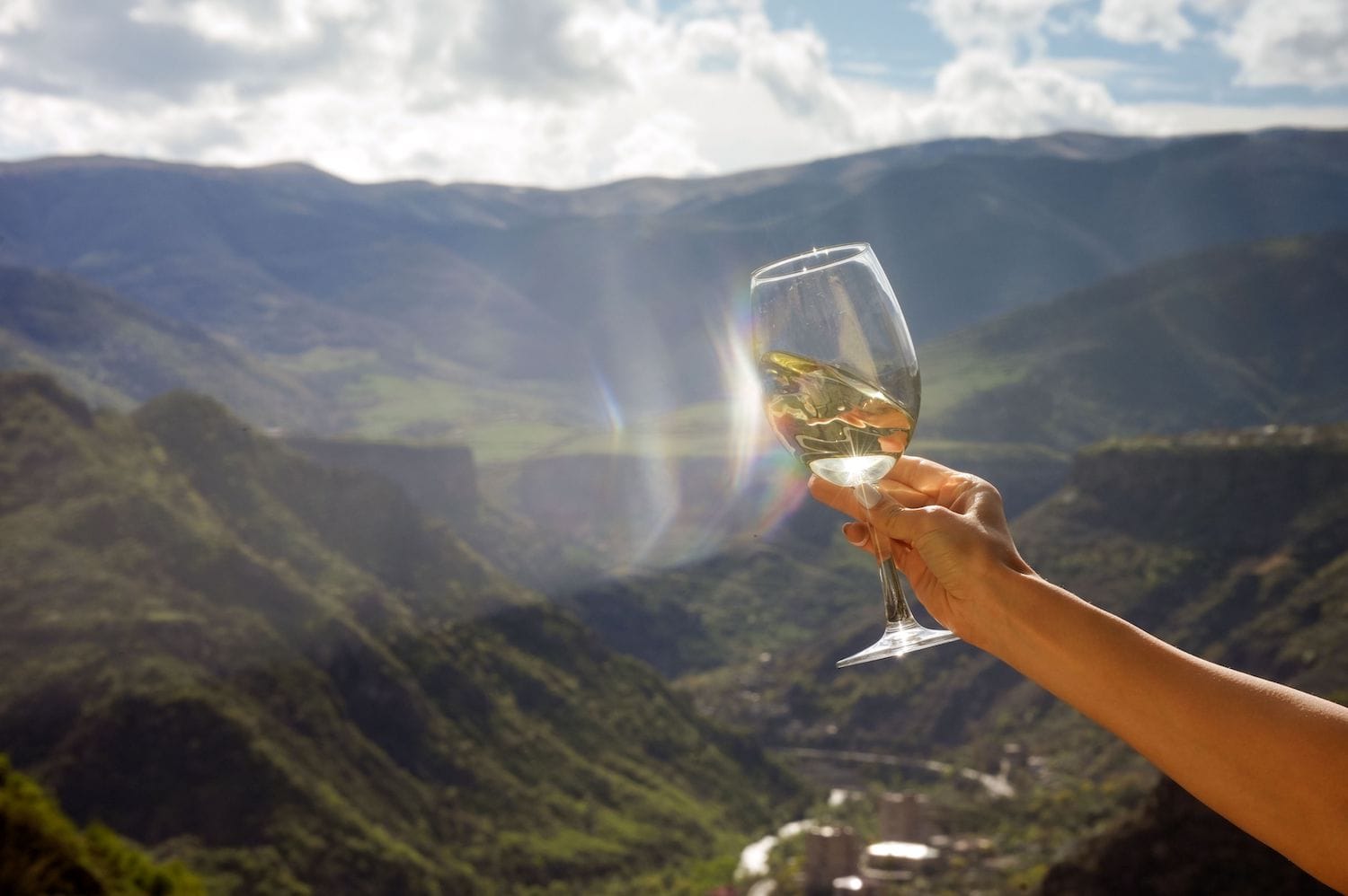Glas Wein vor der Bergkulisse in Armenien