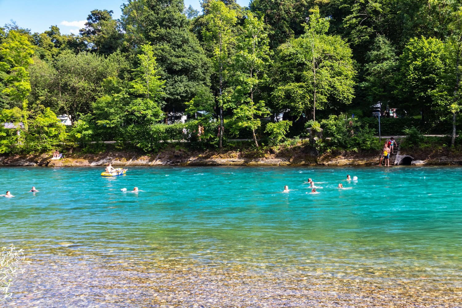 Menschen schwimmen in der Aare in Bern mit Bäumen am Ufer