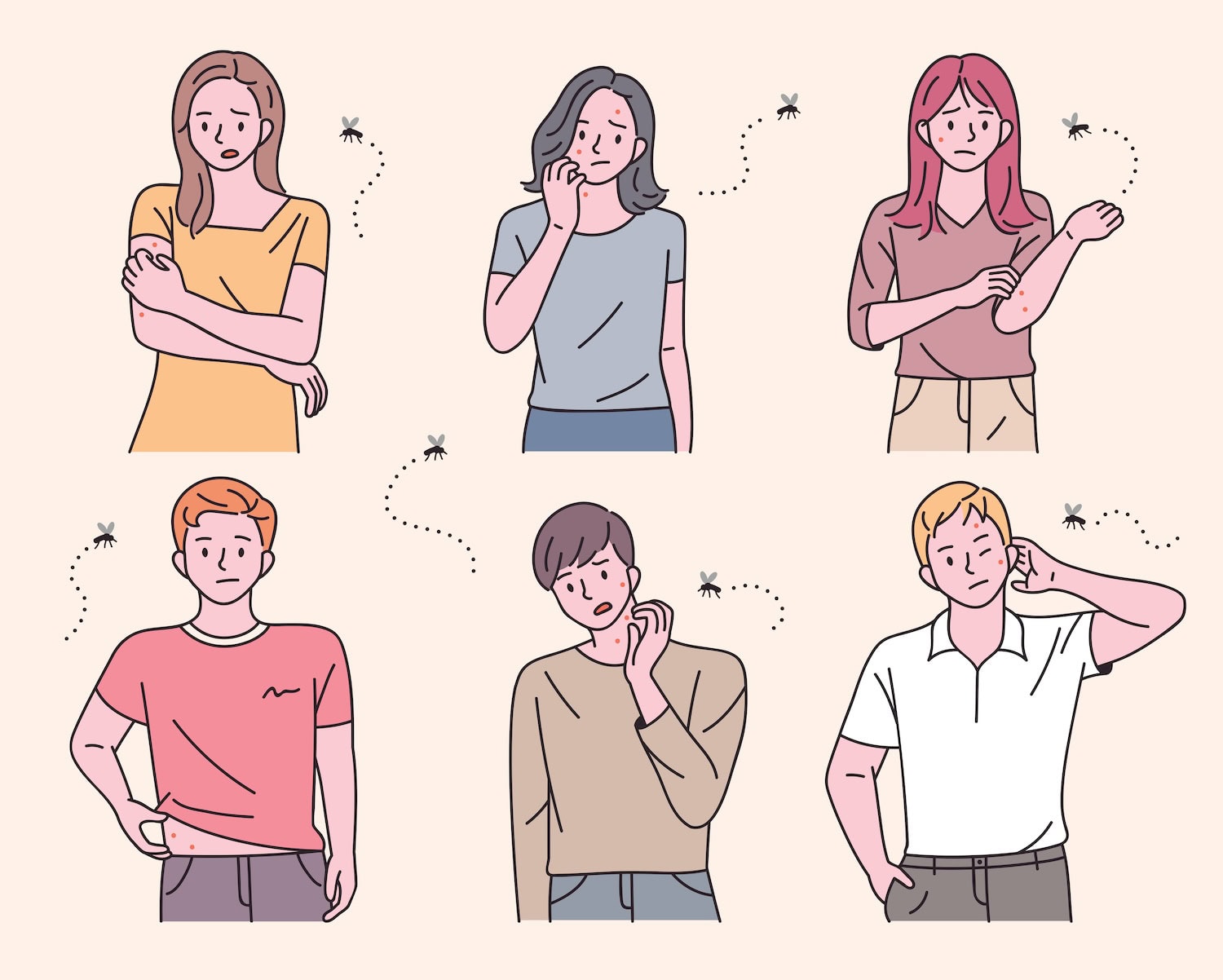 Illustration von Menschen, die versuchen Mücken fernzuhalten