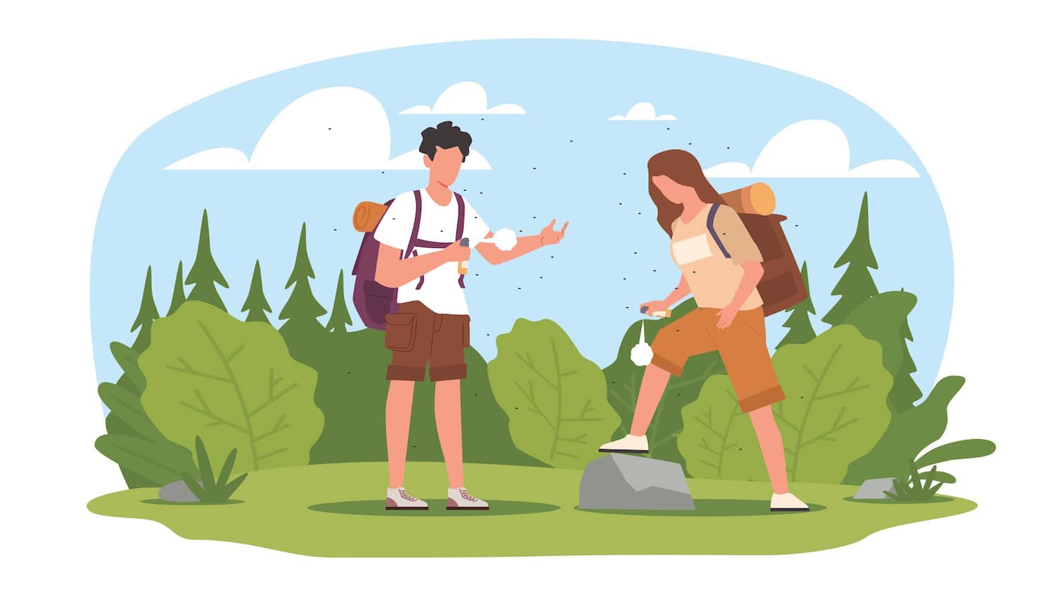 Illustration von zwei Menschen in der Natur, die sich mit Mückenspray einsprühen