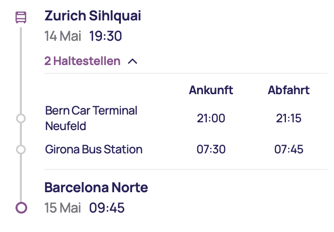 Fahrplan Twiliner Nachtbus von Zürich in der Schweiz nach Barcelona