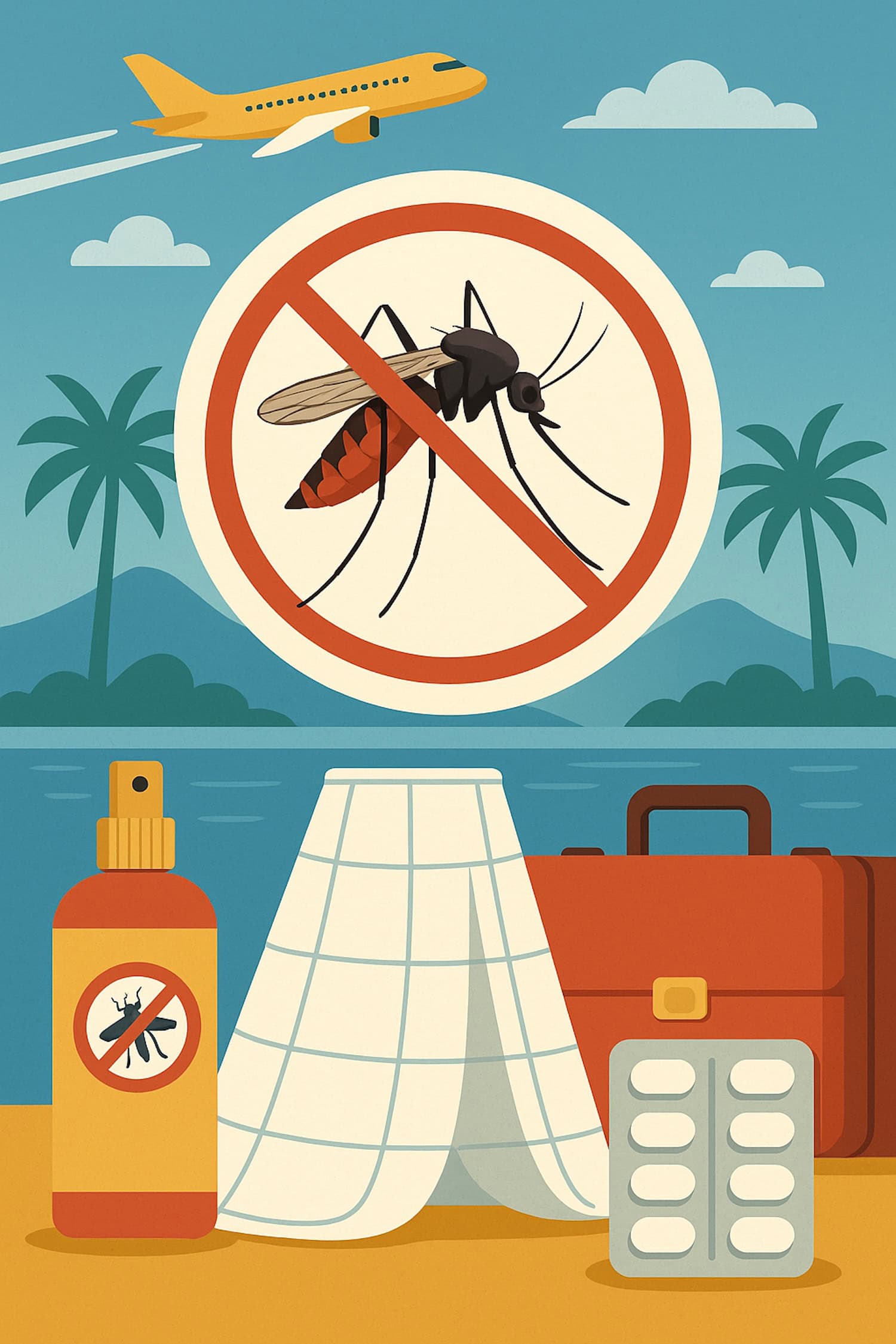 Illustration von eine, Strand mit Mückenspray und Medikamenten gegen Mücken, die durch das Projekt »Target Malaria« überflüssig werden sollen