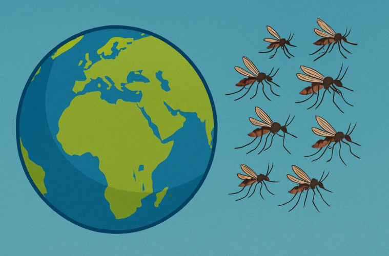 Illustration von einem Mückenschwarm, der die Erde verlässt