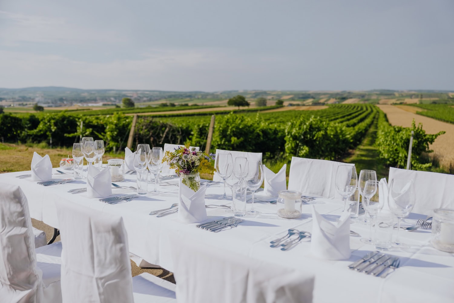 ein weiß gedeckter Tisch in den Weinbergen in Niederösterreich