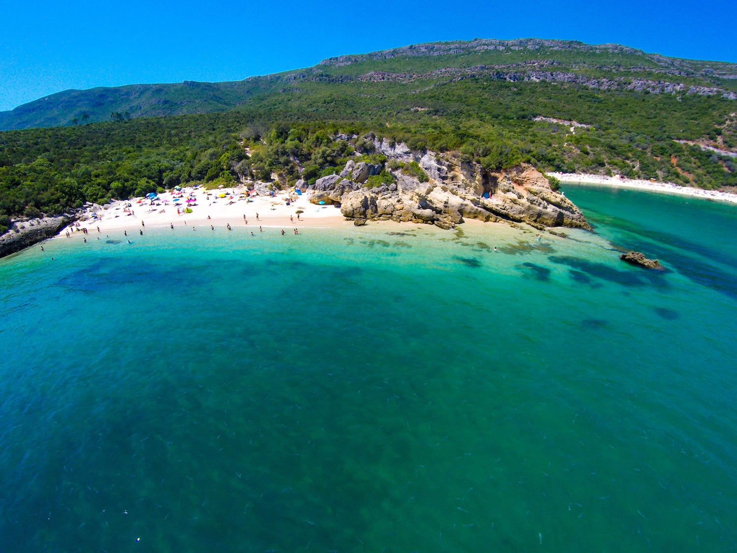 Blick auf die Bucht der Praia Galapos bei Lissabon umgeben von grüner Natur