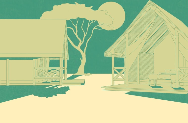 Simbabwe und Elefanten: Illustration von Zelten in der Savanne.