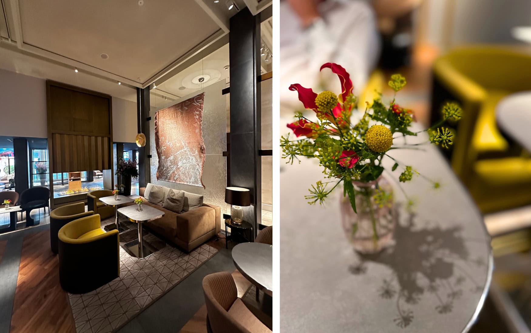 Collage aus zwei Fotos: Lounge im Mandarin Oriental und Blumenstrauß auf einem Tisch
