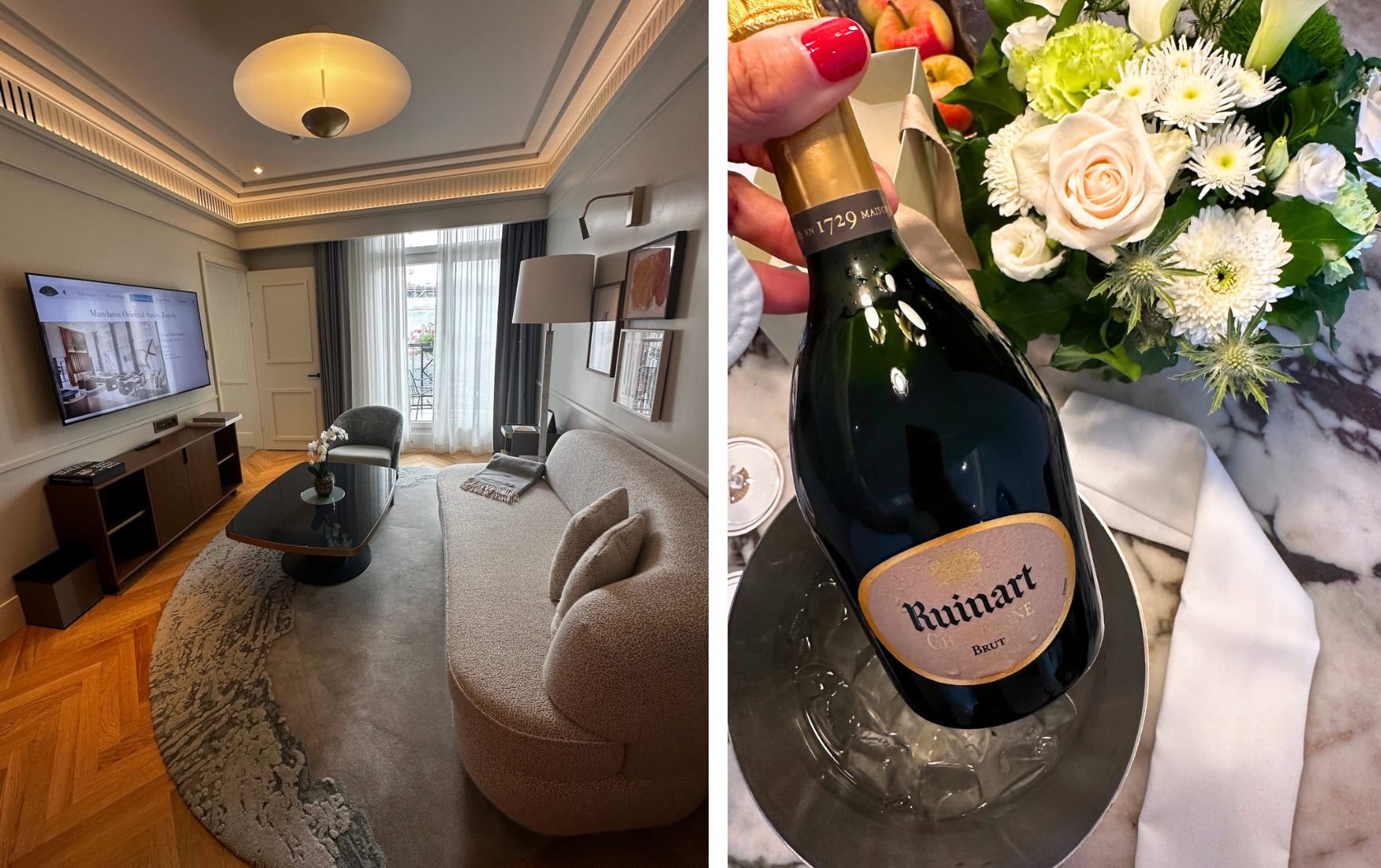 Collage aus zwei Fotos: Sofa in einer Suite und eine Champagner-Flasche