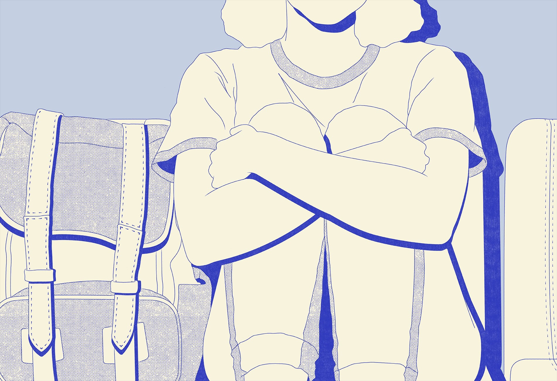 Illustration einer Frau, die neben ihrem Rucksack auf dem Boden sitzt.