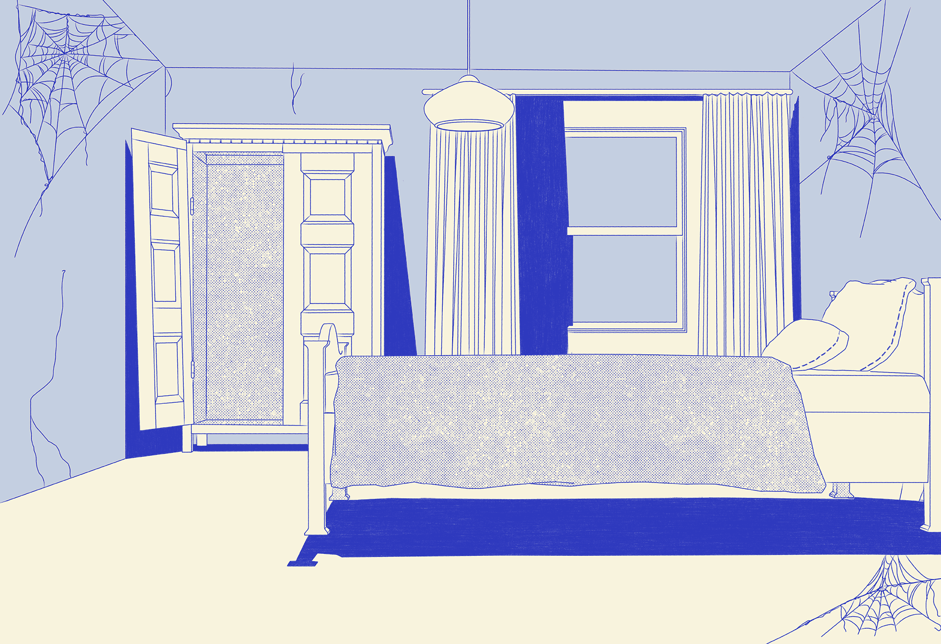 Illustration eines dreckigen Hotelzimmers.