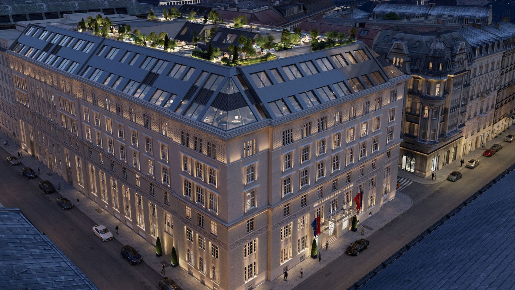 Fassade des Mandarin Oriental Wien aus der Vogelperspektive 