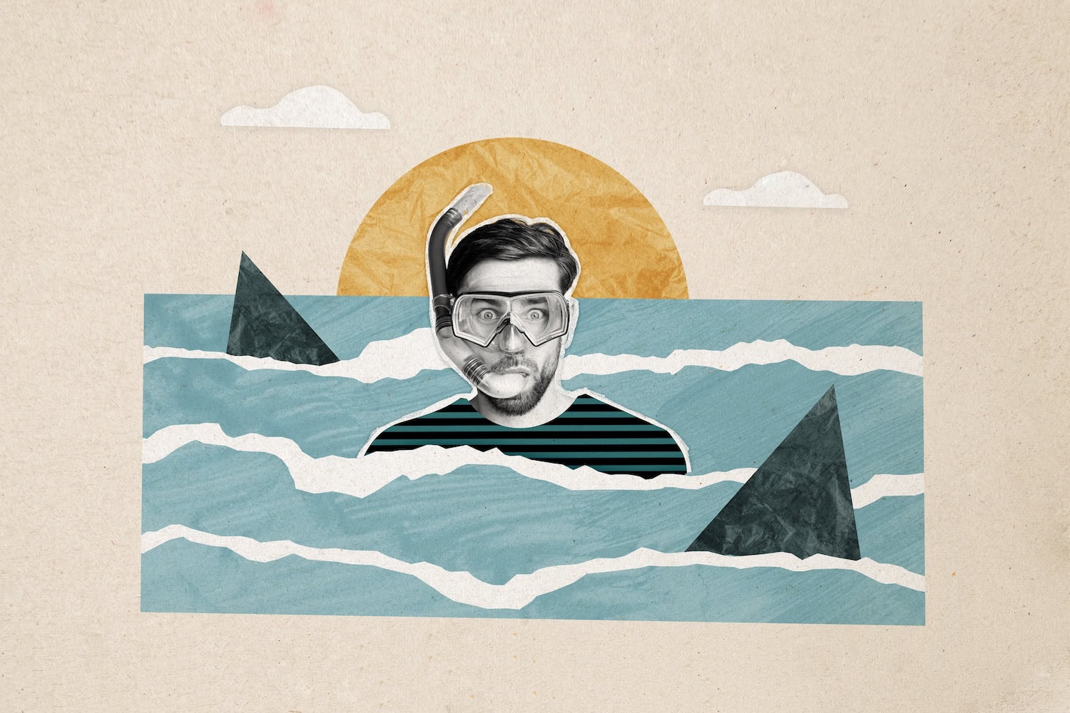 Mann mit Schnorchelbrille im illustrierten Meer mit Haien um ihn herum.