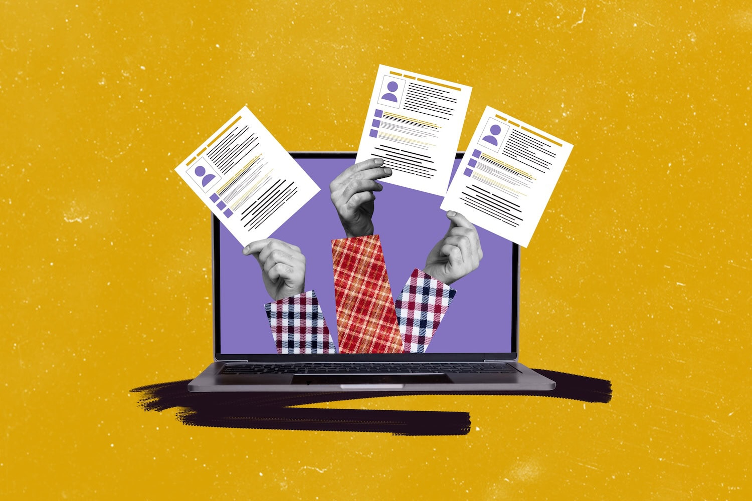 Illustration mit Händen, die aus einem Laptop ragen. Das soll eine Anmeldung symbolisieren.