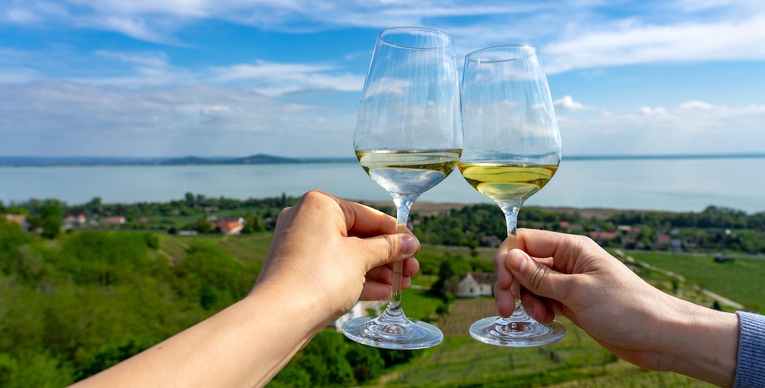 zwei Menschen stoßen mit Weingläsern vorm Blick des Balaton-Sees an