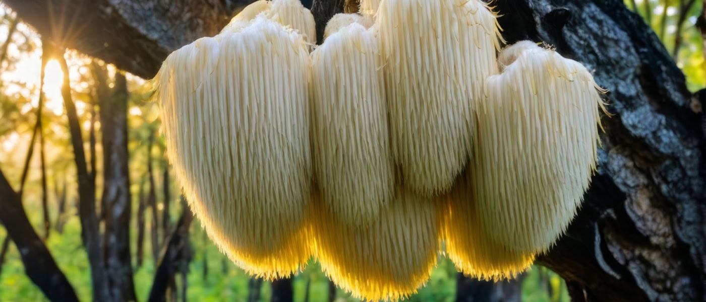 Löwenmähnen-Pilz wächst an Eiche-Baum