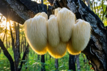 Löwenmähnen-Pilz wächst an Eiche-Baum