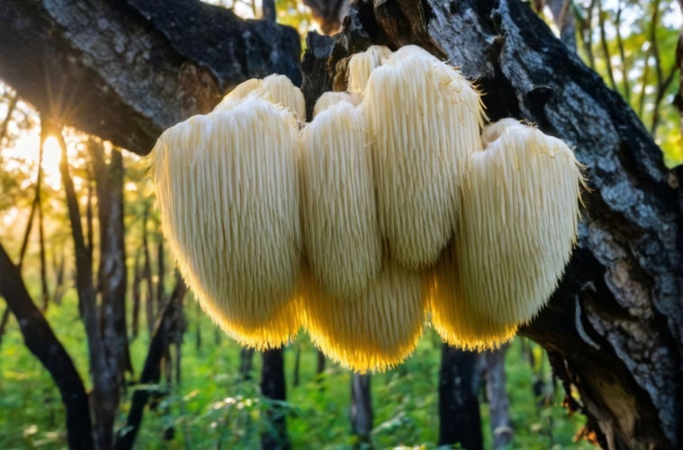 Löwenmähnen-Pilz wächst an Eiche-Baum