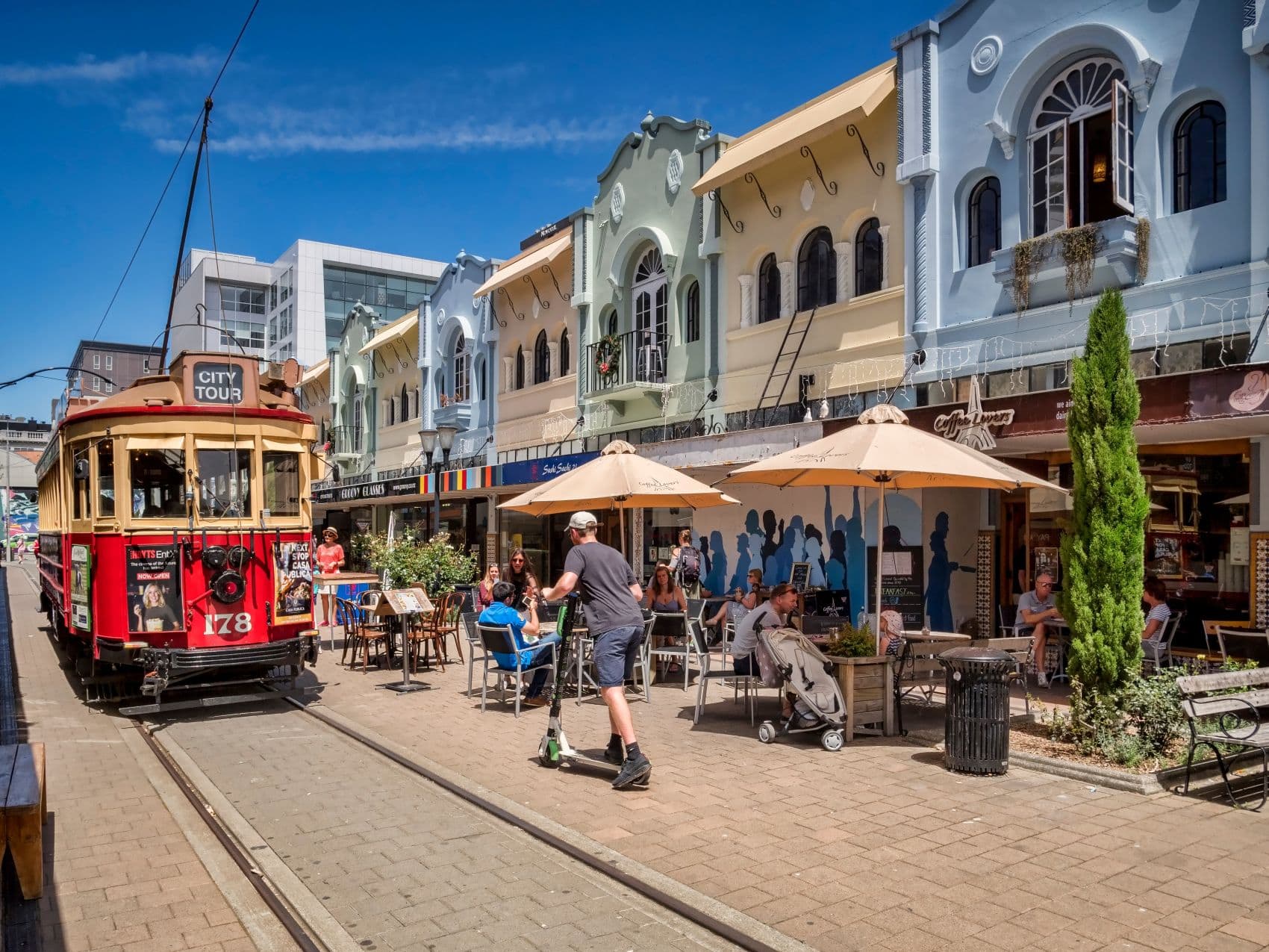 Alte Straßenbahn auf New Regent Street in Christchurch, Neuseeland 
