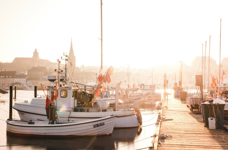 Boote am Hafen in Flensburg im Sonnenschein