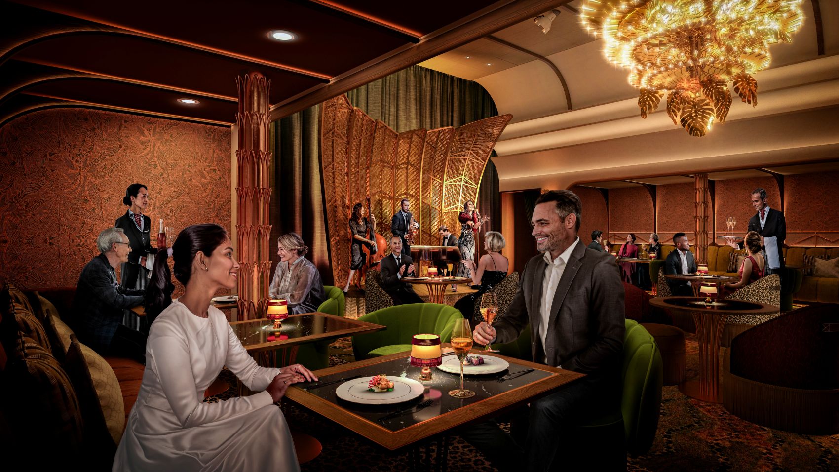 Rendering: Gäste in einem Restaurant des Schiffes Wasserrutschen auf Schiff Legend of the Seas 