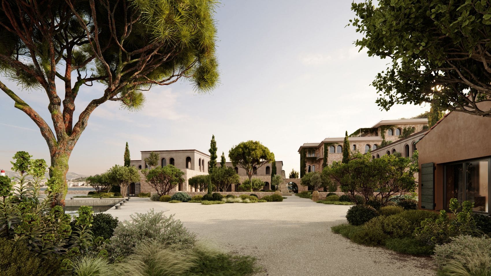 Blick auf Hotel Zannier Bendor vom Hafen aus 