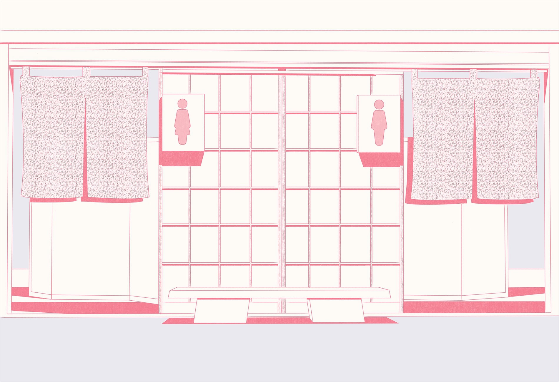 Illustration der Frauen- und Männerbecken in einem Onsen in Japan.