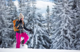 Frau mit Rucksack und Schneeschuhen vor schneebedecktem Wald