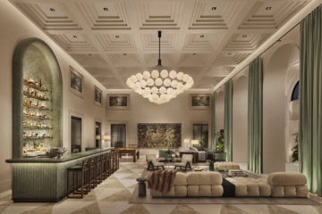 Die Bar und Lobby im neuen The Lake Come EDITION am Comer See.