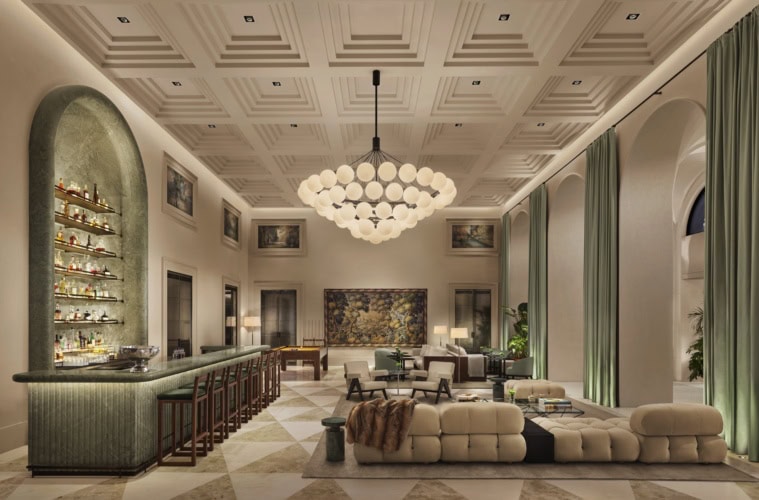 Die Bar und Lobby im neuen The Lake Come EDITION am Comer See.