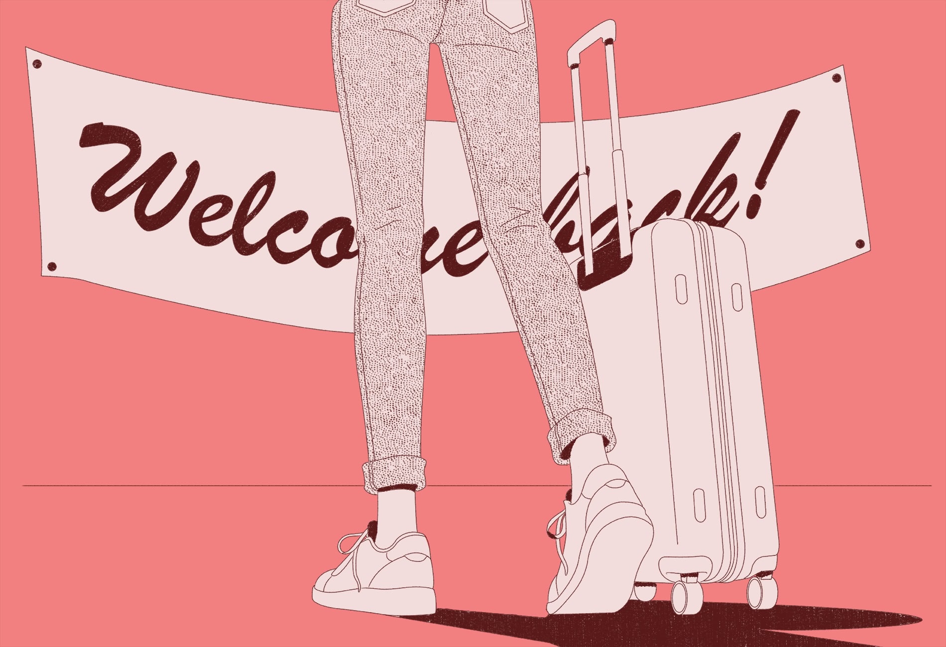 Illustration eines Willkommensschilds und der Beine einer Frau.