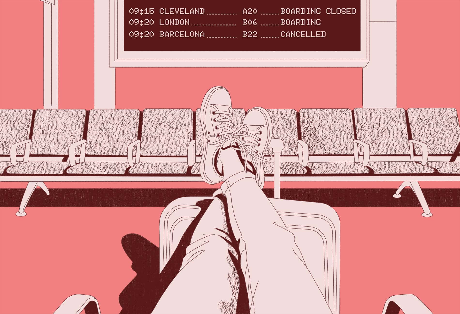 Illustration einer Frau, die an einem leeren Gate sitzt.