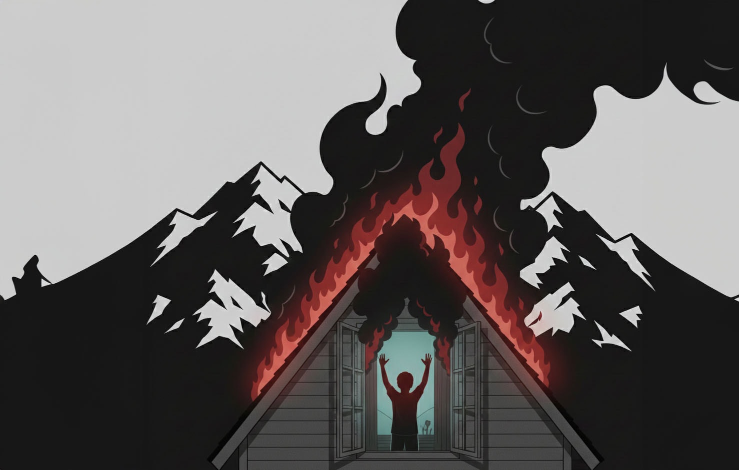 Mann am Fenster im Haus winkt, weil es brennt