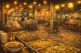 Illustration von einem laotischen Nightmarket mit Buffet am Abend