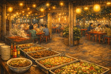 Illustration von einem laotischen Nightmarket mit Buffet am Abend
