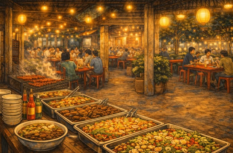 Illustration von einem laotischen Nightmarket mit Buffet am Abend