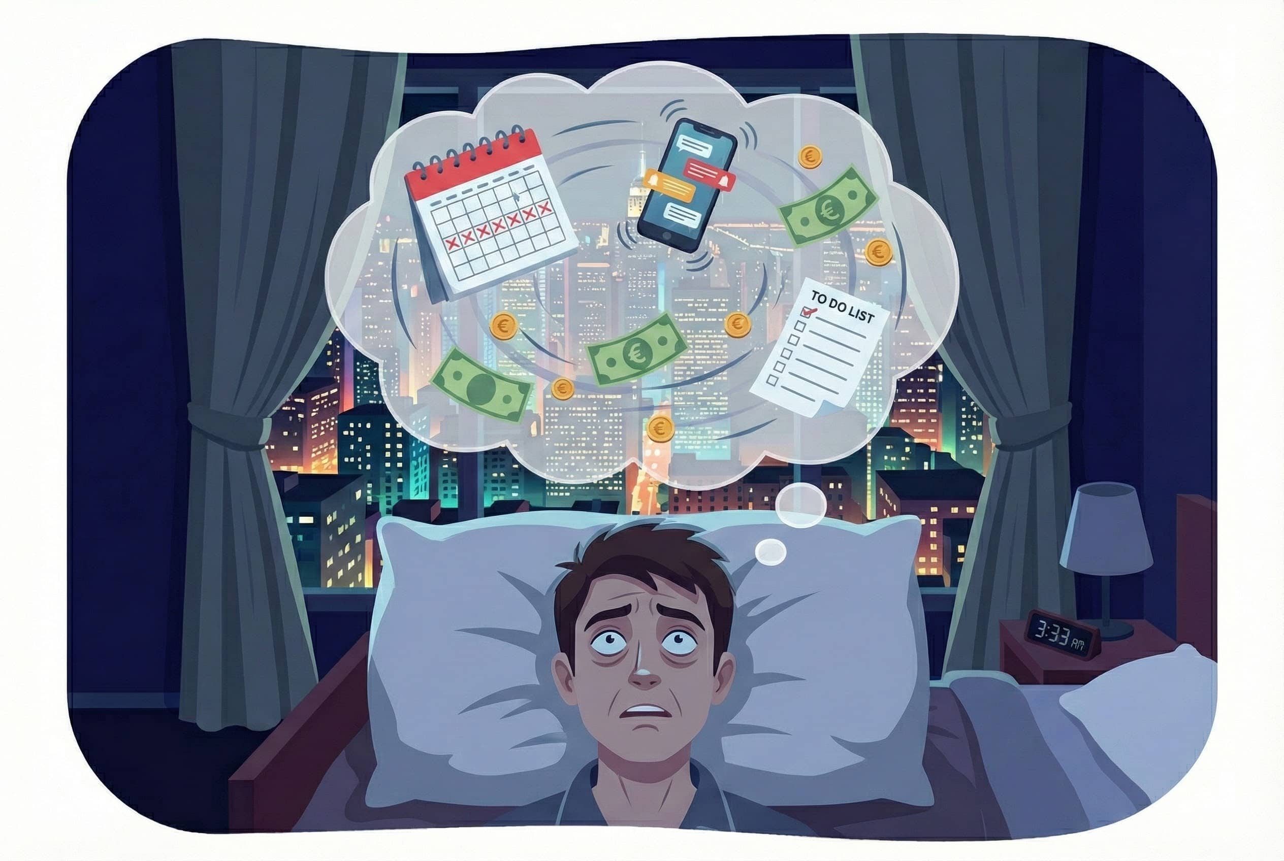 Illustration einer Person, die nachts zu viel nachdenkt.