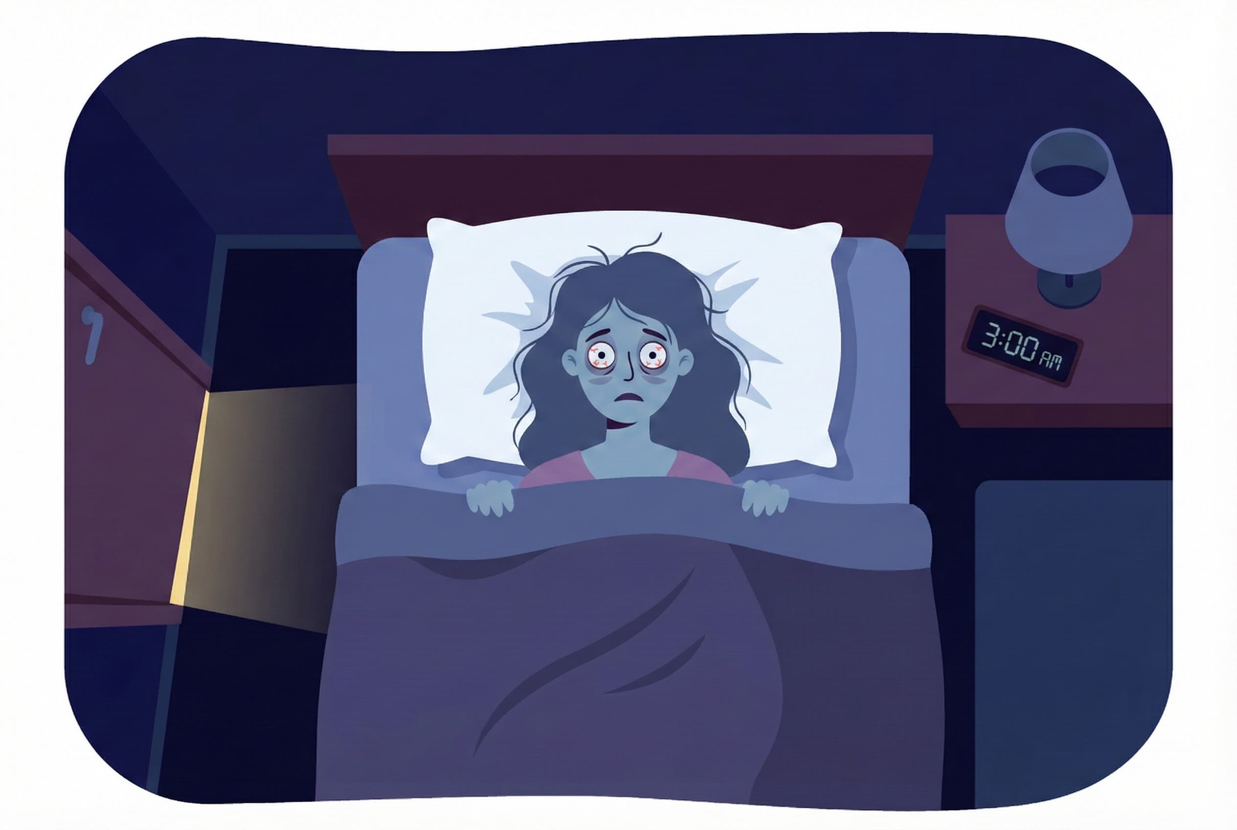 Illustration einer Frau, die im Bett liegt und nicht schlafen kann.