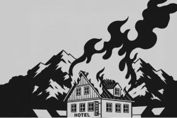 Illustration brennendes Hotel in den Alpen