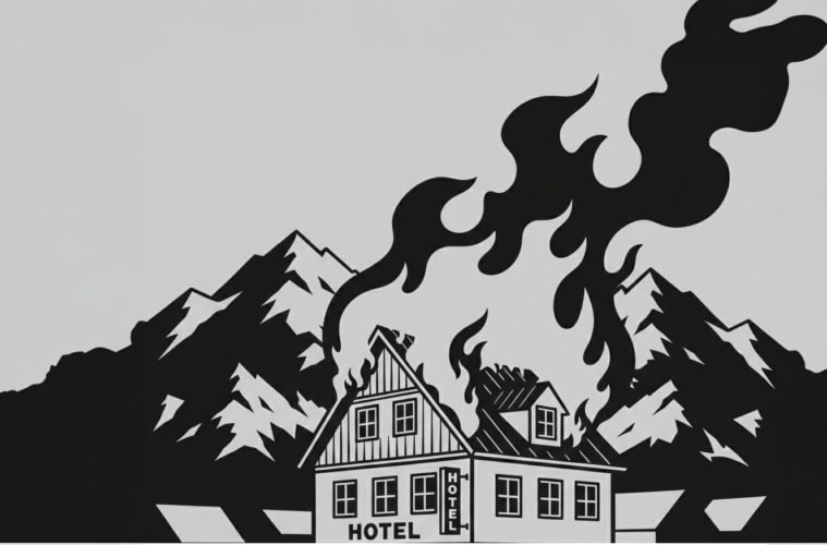 Illustration brennendes Hotel in den Alpen