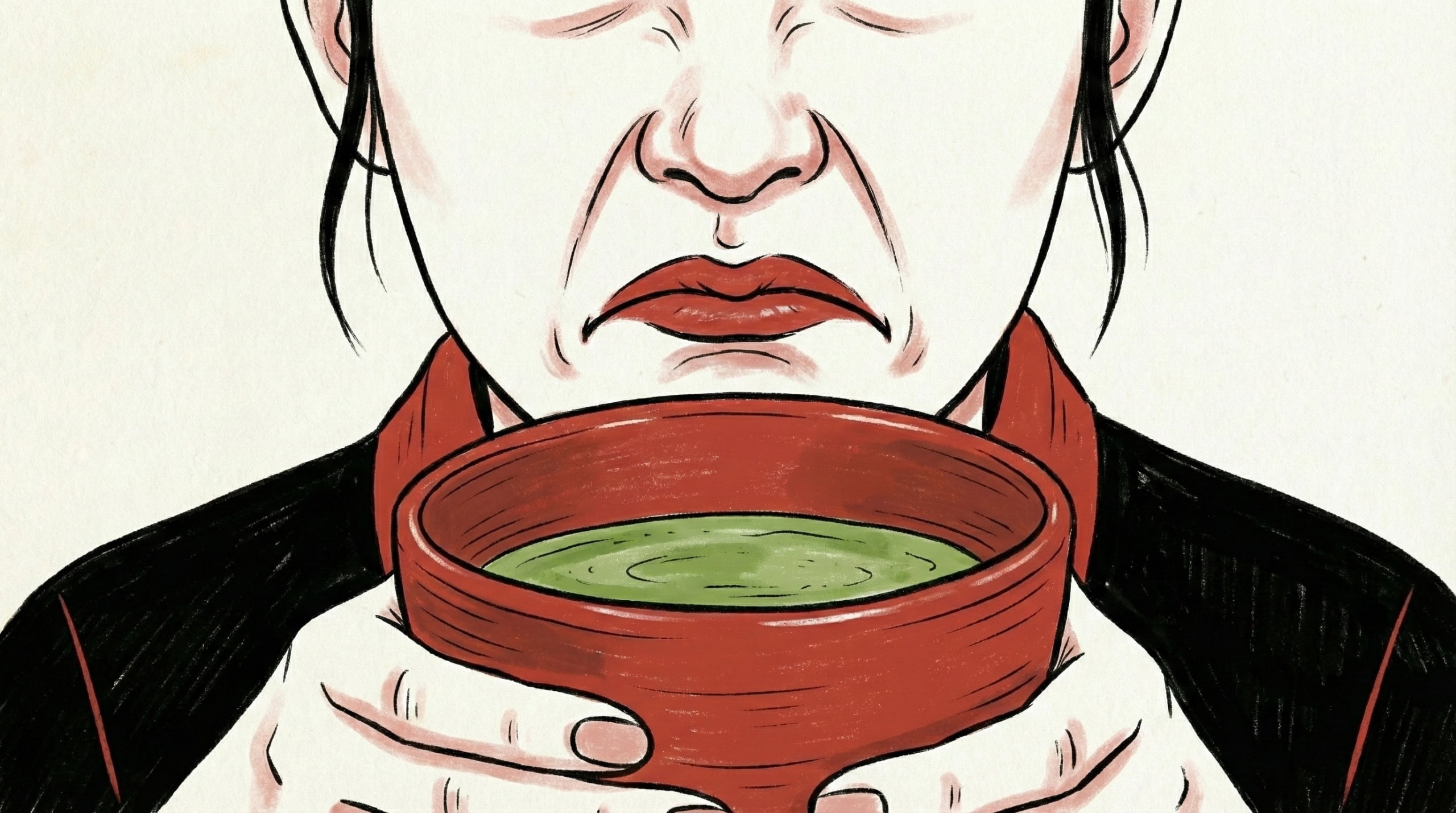 Illustration einer Frau, die Matcha trinkt.