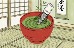 Illustration eines Matcha-Tees, der schaumig geschlagen wird.