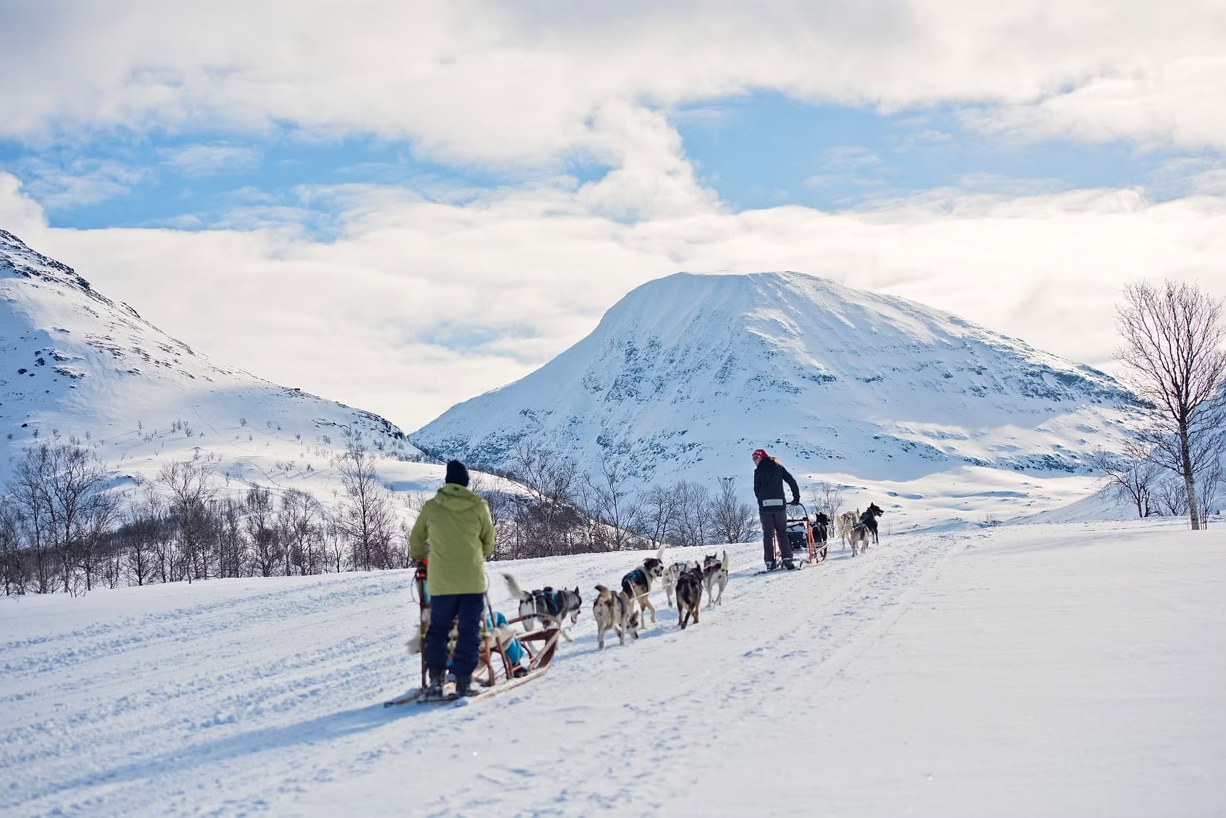 Zwei Personen fahren mit Hundeschlitten.
