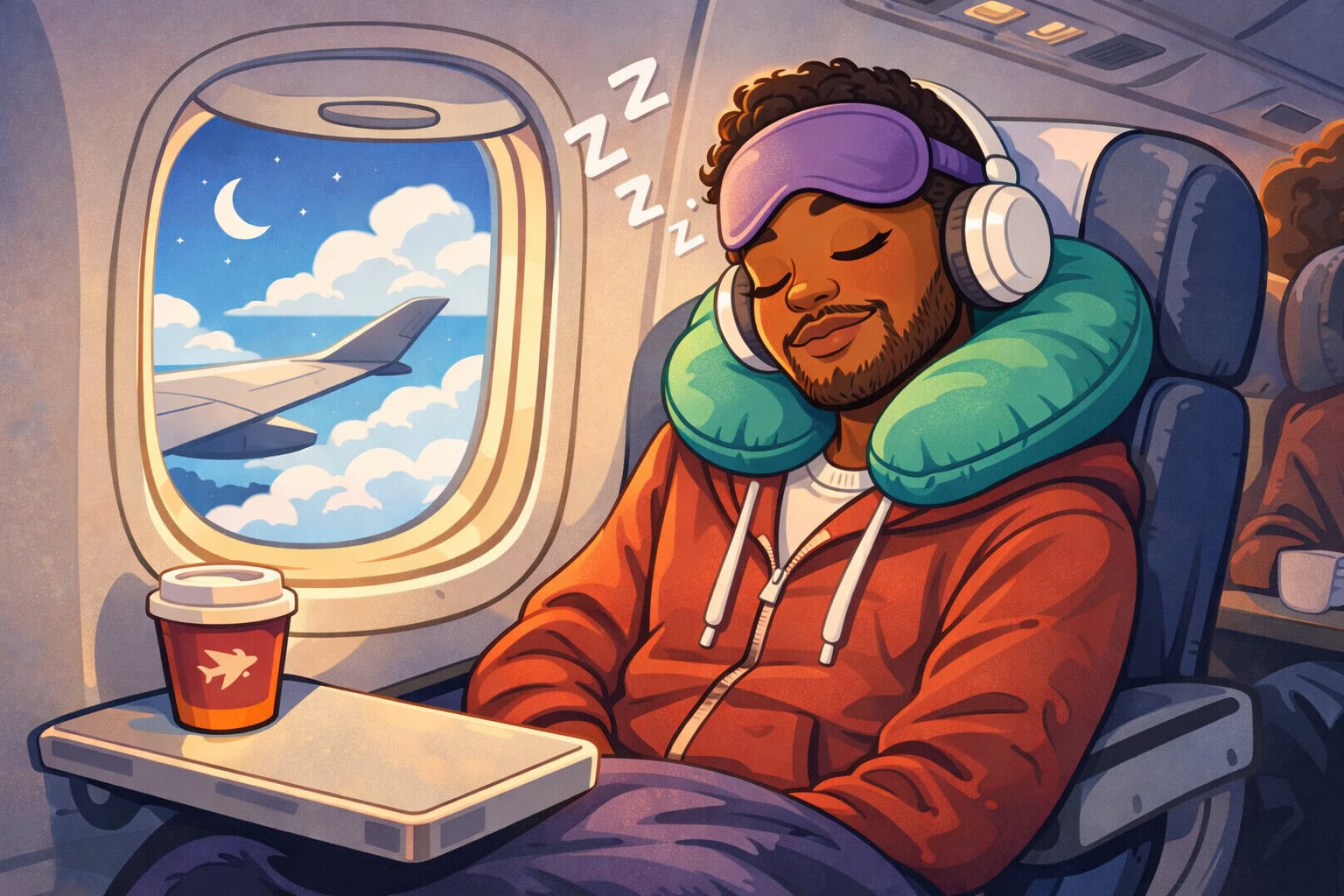 Illustration eines Mannes, der im Flugzeug schläft